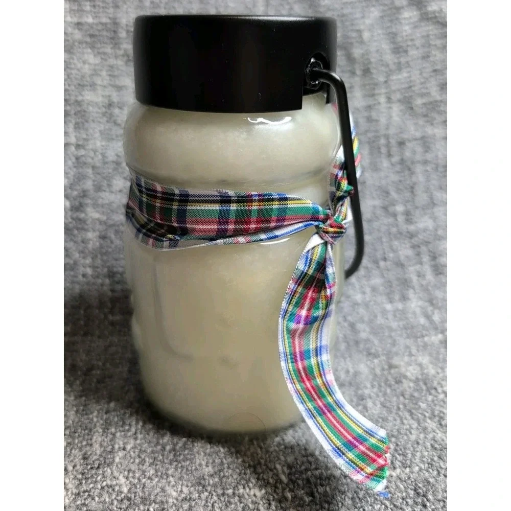 Snowman Sugar Cookie Scented Jar Candle In Black Metal Holder Plaid Ribbon